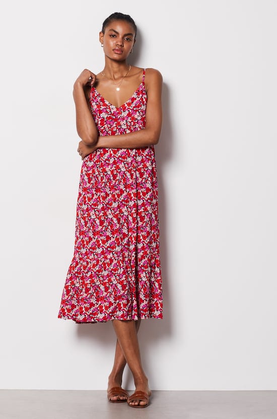 Floral Long Dress with Thin Straps;${refinementColor}