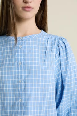 Balloon Sleeve Checkered Blouse;${refinementColor}
