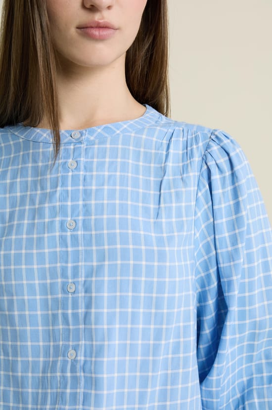 Balloon Sleeve Checkered Blouse;${refinementColor}