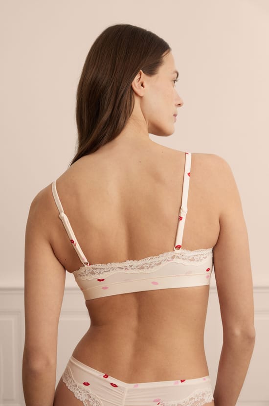 Microfibre Bralette with Kiss Motifs and Lace Details;${refinementColor}