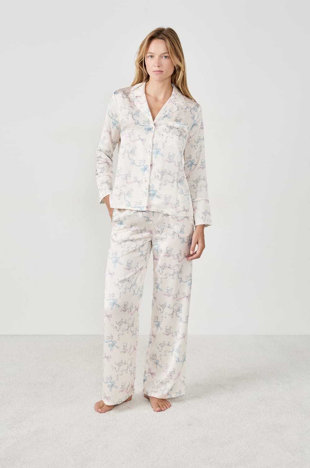 Pantalon de pyjama imprimé satiné;${refinementColor}