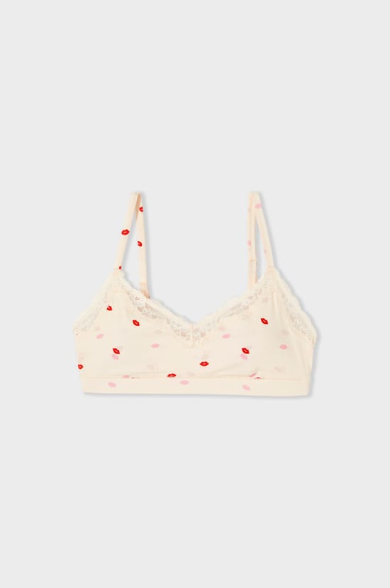 Brassi&egrave;re en microfibre &agrave; motifs bisous avec d&eacute;tails en dentelle;${refinementColor}