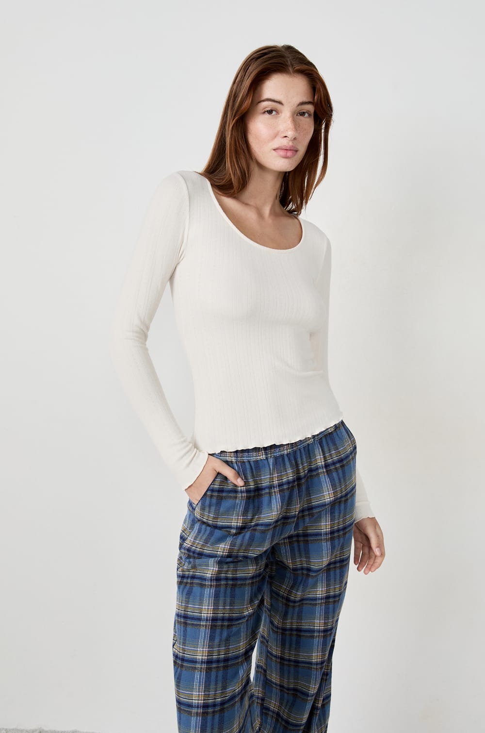 T-shirt de pyjama manches longues en pointelle;${refinementColor}