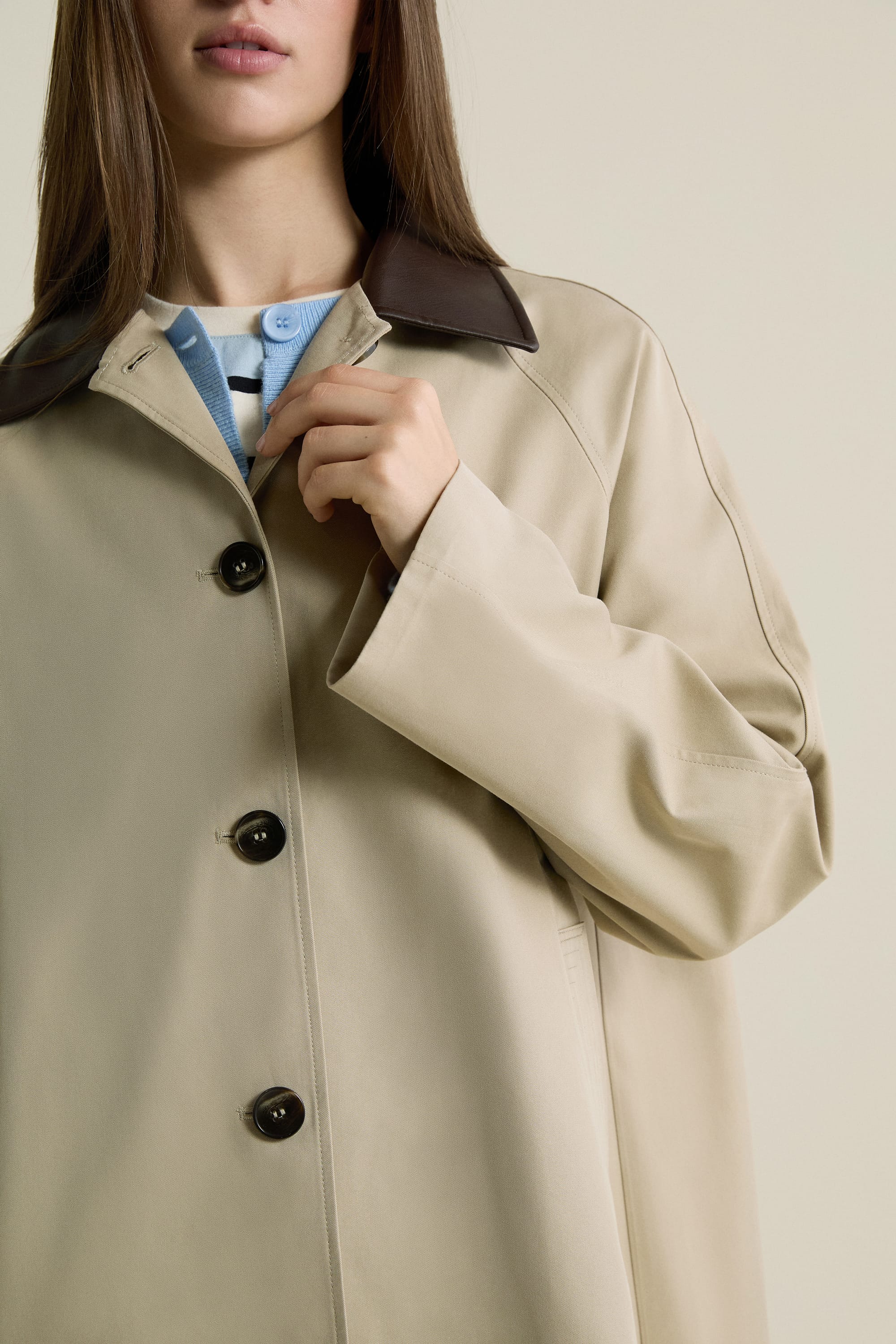 Long Trench Coat with Cotton and Contrasting Collar - MAXINE