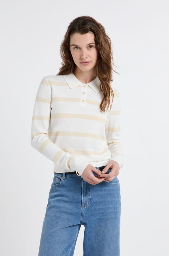 Pull col polo &agrave; manches longues &agrave; rayures;${refinementColor}