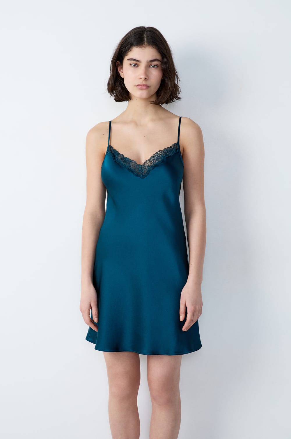 Silk Nightdress With Lace Details;${refinementColor}