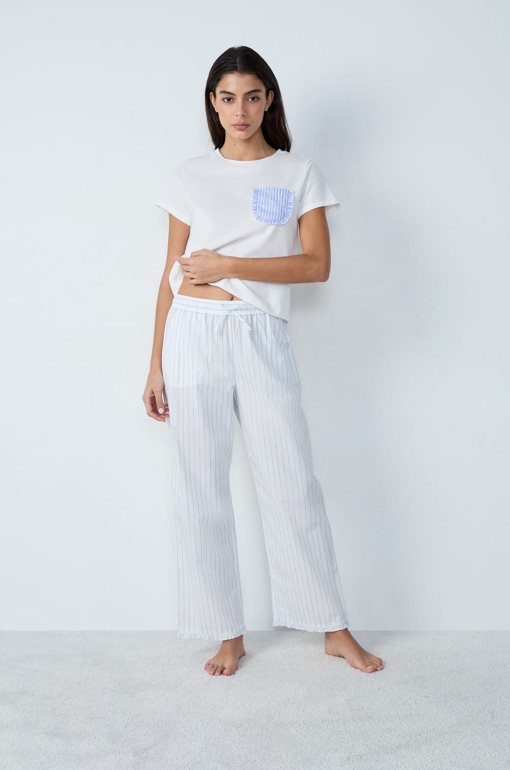 Cotton Pyjama Trousers Straight Cut with Stripes;${refinementColor}