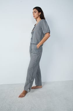 Straight-cut cotton pyjama trousers with checkered pattern and bow details;${refinementColor}
