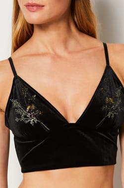 Embroidered Velvet Wireless Bralette;${refinementColor}
