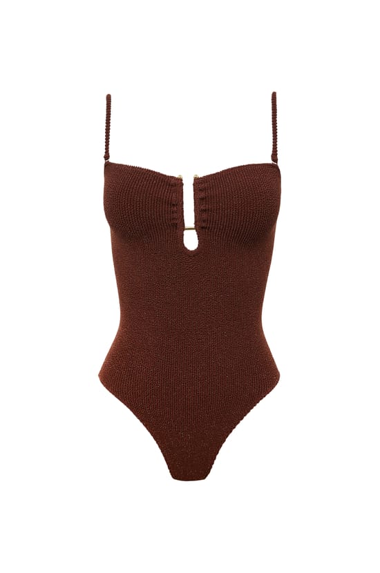 One-Piece Stretch Swimsuit with Metal Jewellery;${refinementColor}