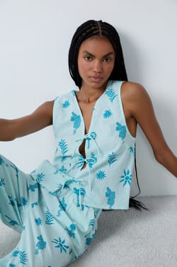 Cotton Pajama Top With Front Tie Pattern;${refinementColor}