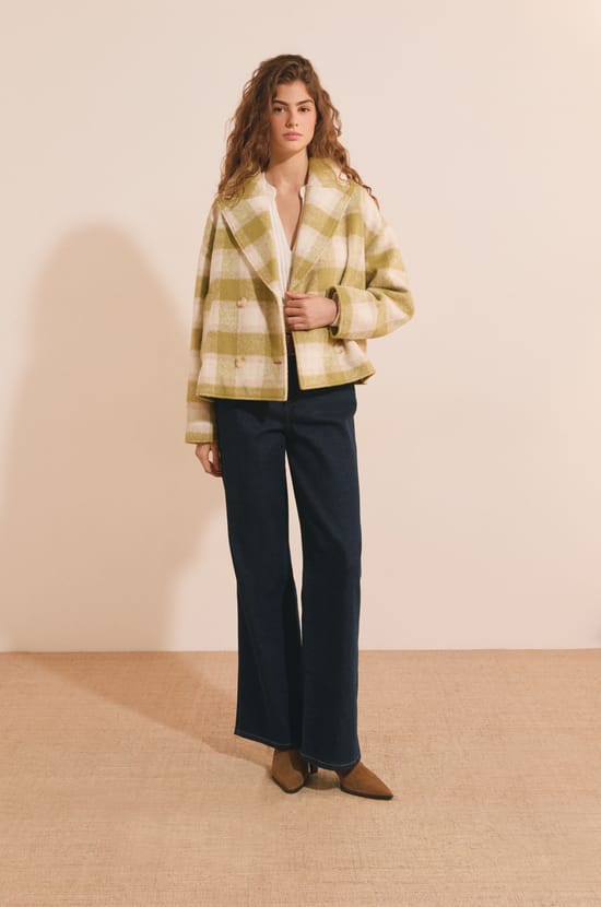 Manteau court &agrave; carreaux;${refinementColor}