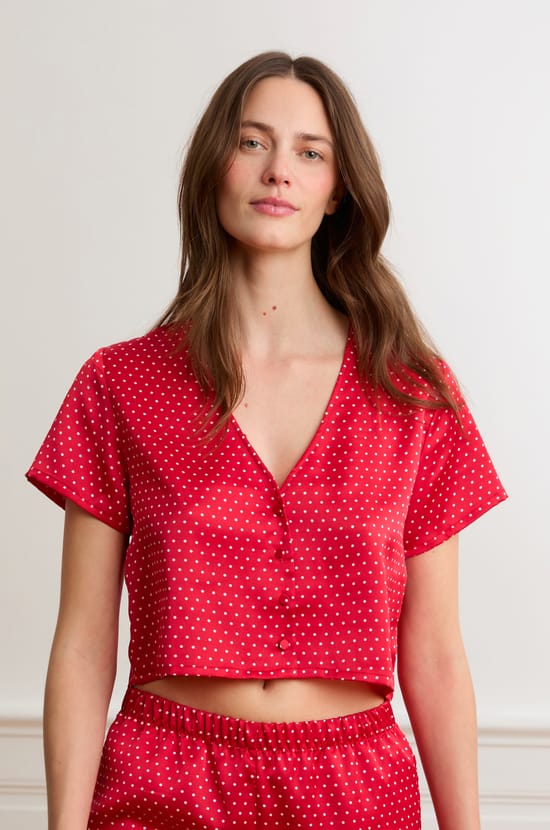 Top de pyjama satin&eacute; &agrave; pois;${refinementColor}