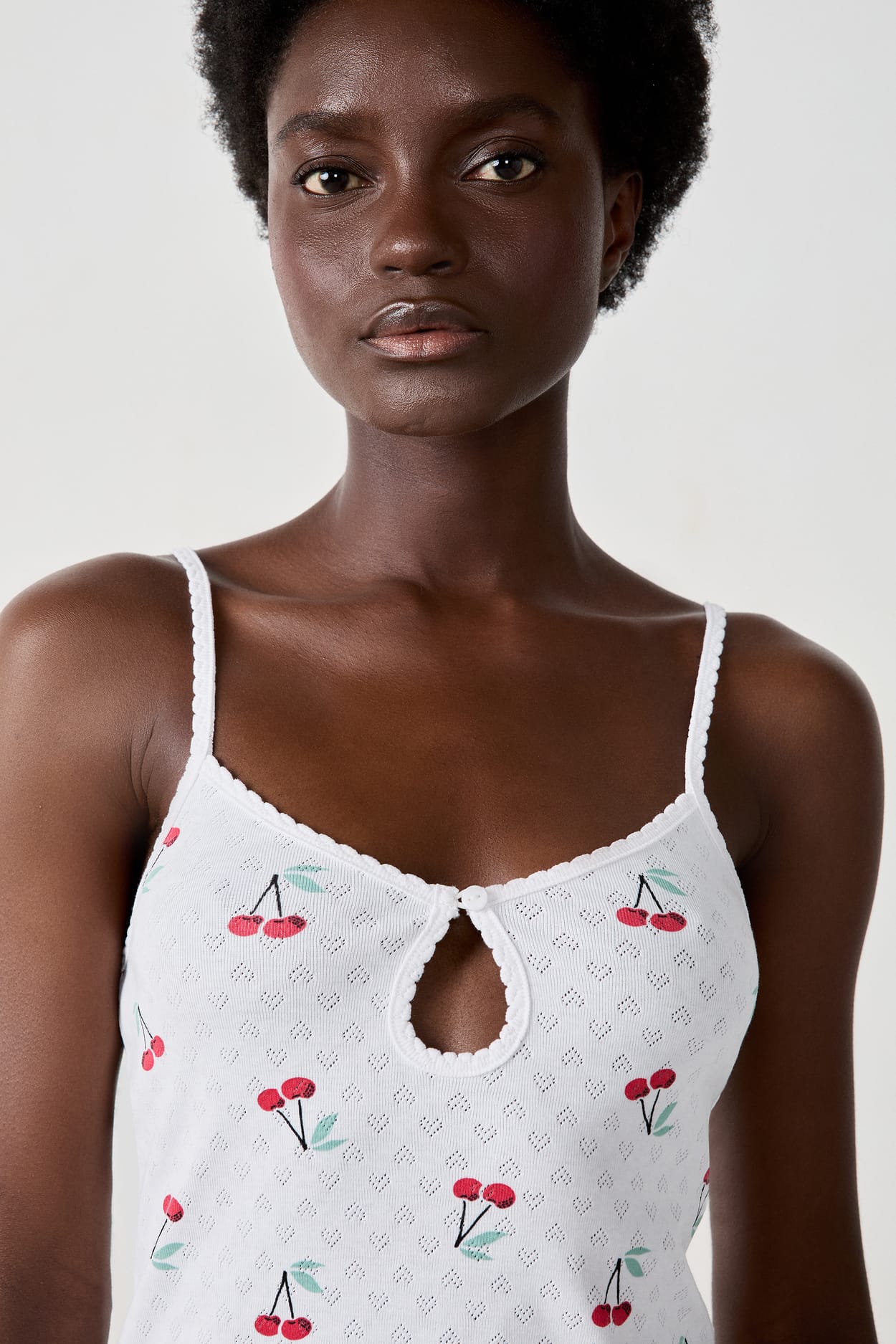 Cotton tank top with cherry print pointelle;${refinementColor}