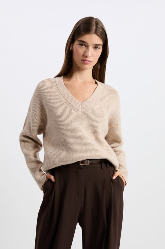 Long-sleeved V-neck sweater;${refinementColor}
