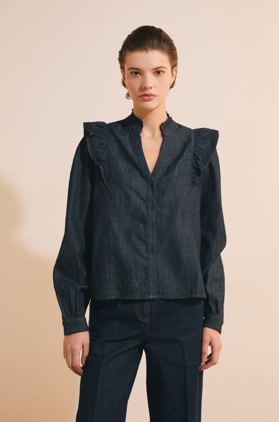 Blouse en jean &agrave; volants;${refinementColor}