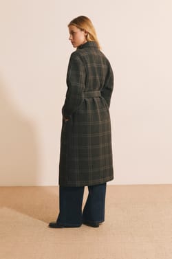 Manteau long &agrave; carreaux avec laine;${refinementColor}
