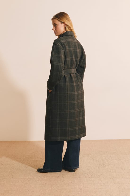 Manteau long &agrave; carreaux avec laine;${refinementColor}