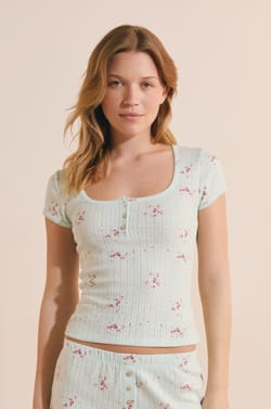 T-shirt de pyjama manches courtes en coton pointelle;${refinementColor}