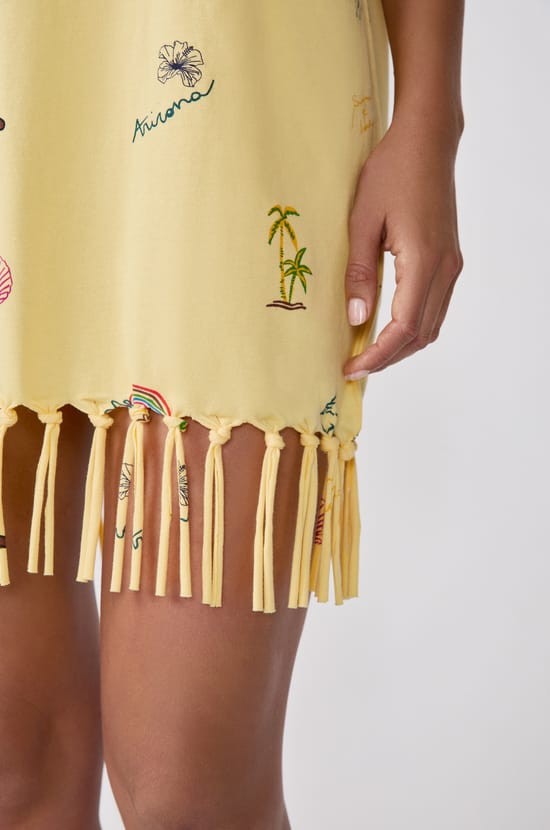 Printed T-shirt dress with fringes;${refinementColor}