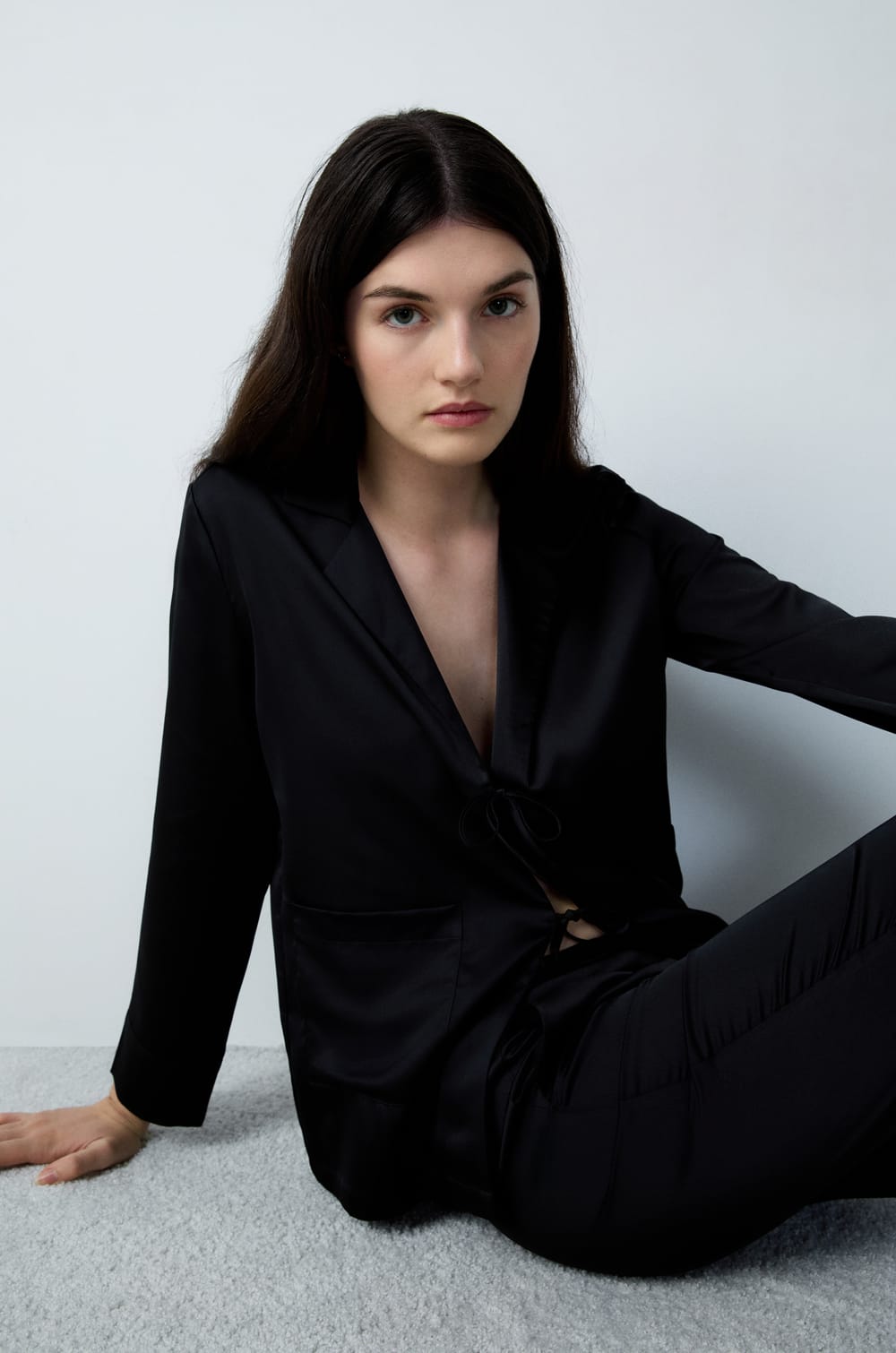 Satin Pyjama Shirt with Bow;${refinementColor}