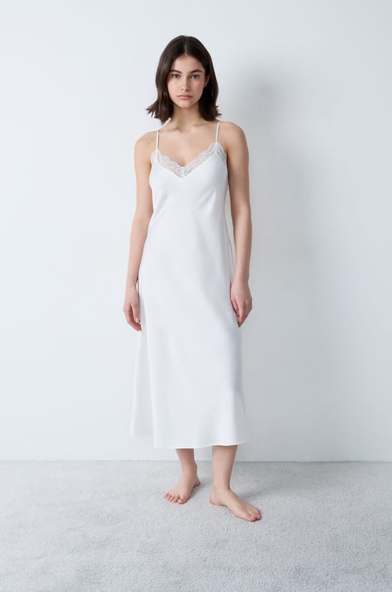 Long Satin Nightdress With Lace Details;${refinementColor}