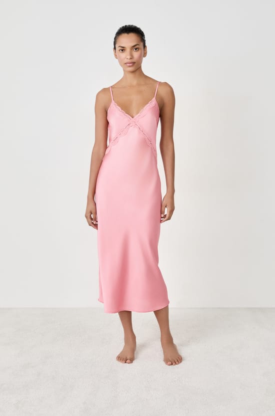 Long satin nightdress with lace details;${refinementColor}