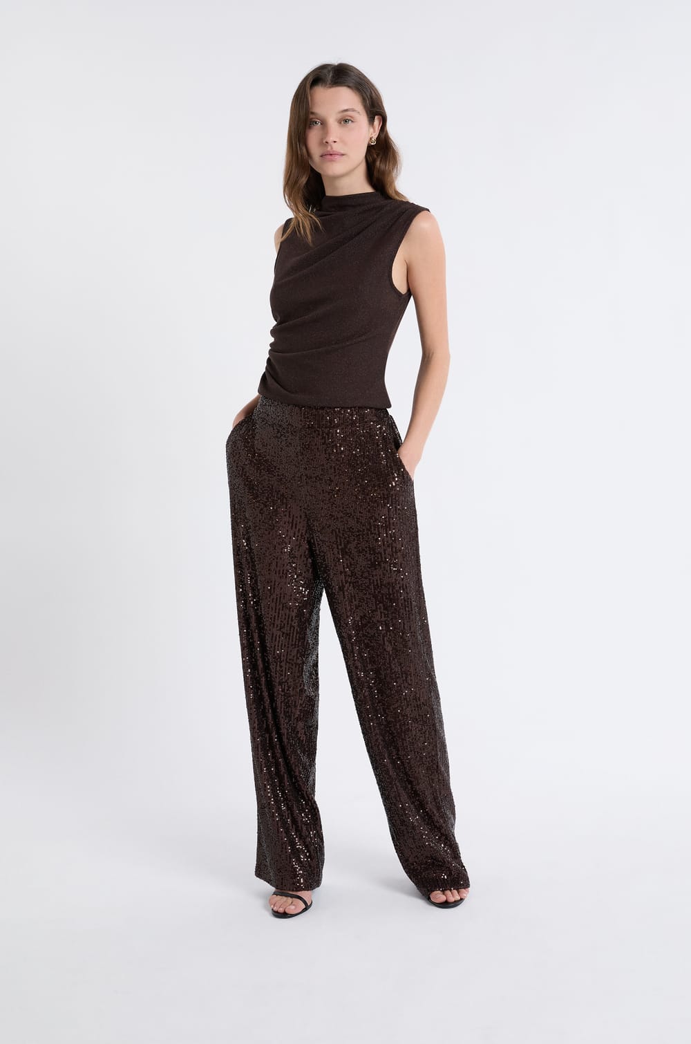 High Neck Sleeveless Iridescent Top;${refinementColor}