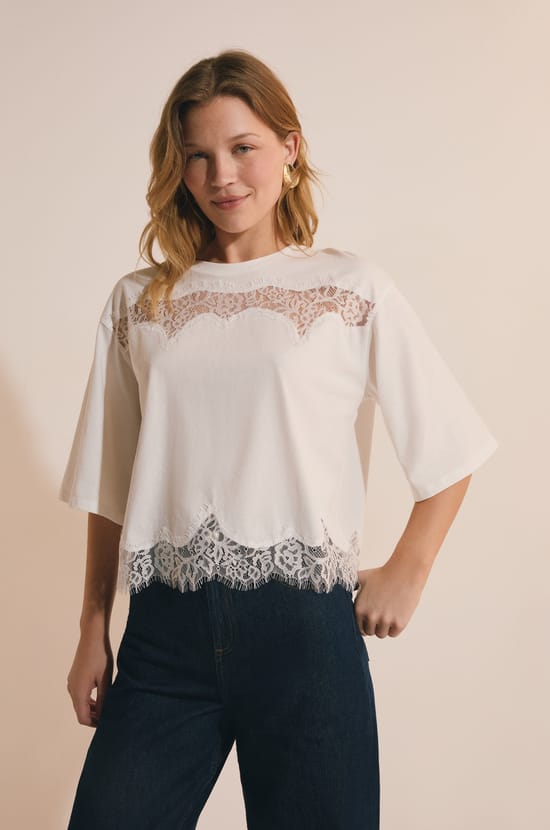 T-shirt en coton avec d&eacute;tails dentelle;${refinementColor}