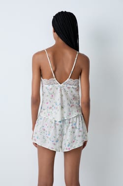 Floral print satin pyjama top with lace neckline;${refinementColor}