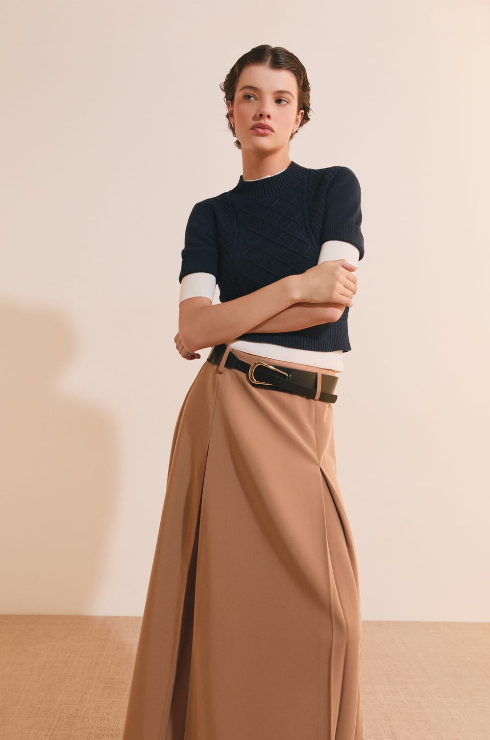Jupe midi &agrave; pinces;${refinementColor}