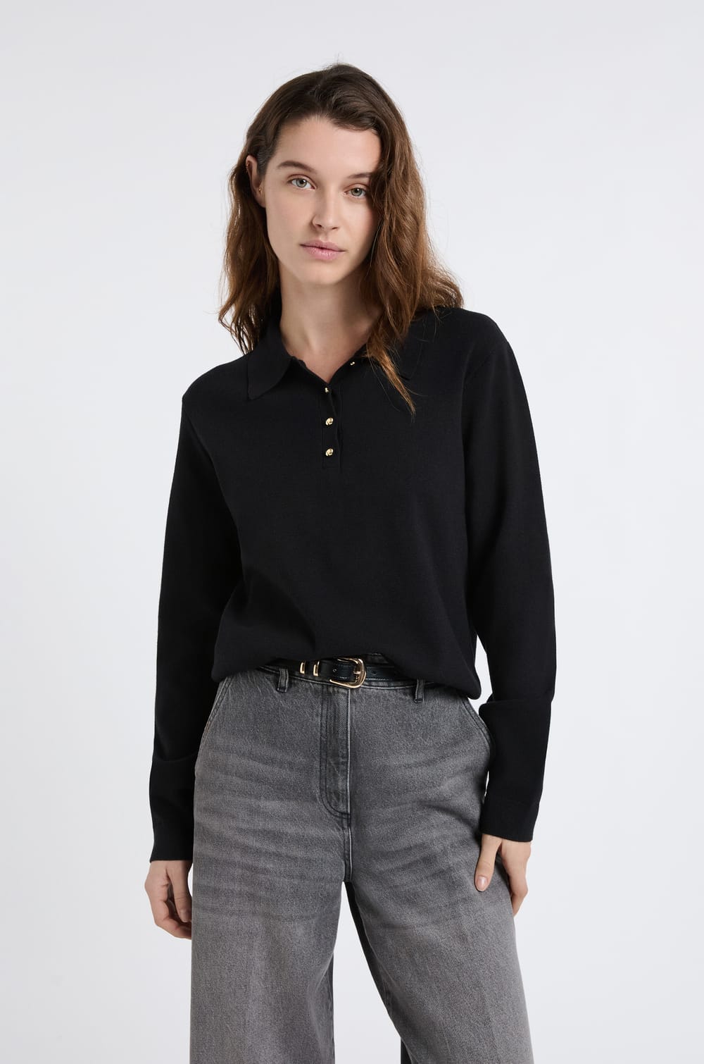 Polo Neck Sweater with Gold Buttons;${refinementColor}