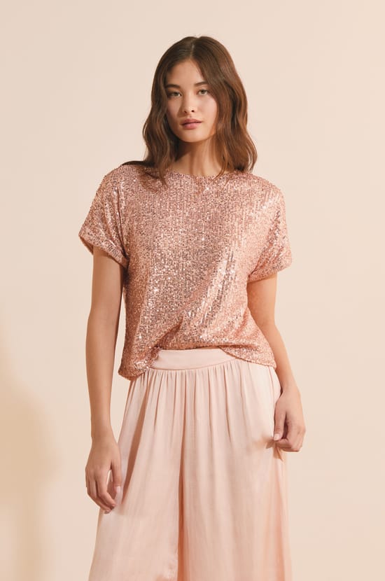 T-shirt manches courtes &agrave; sequins;${refinementColor}
