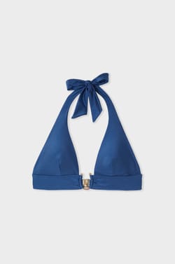 Top de bikini tri&aacute;ngulo brillante con anilla con lazada;${refinementColor}