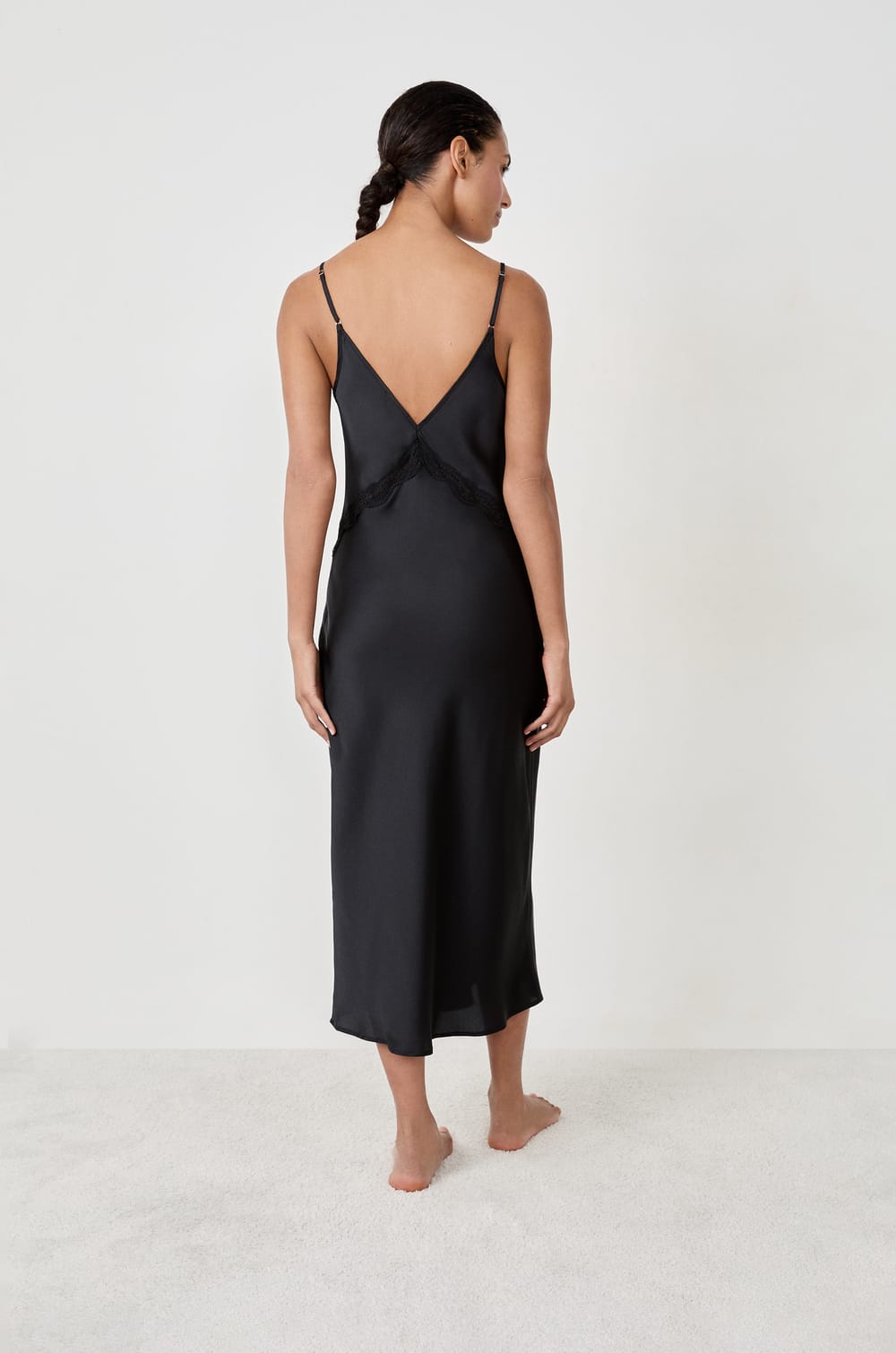 Long satin nightdress with lace details;${refinementColor}