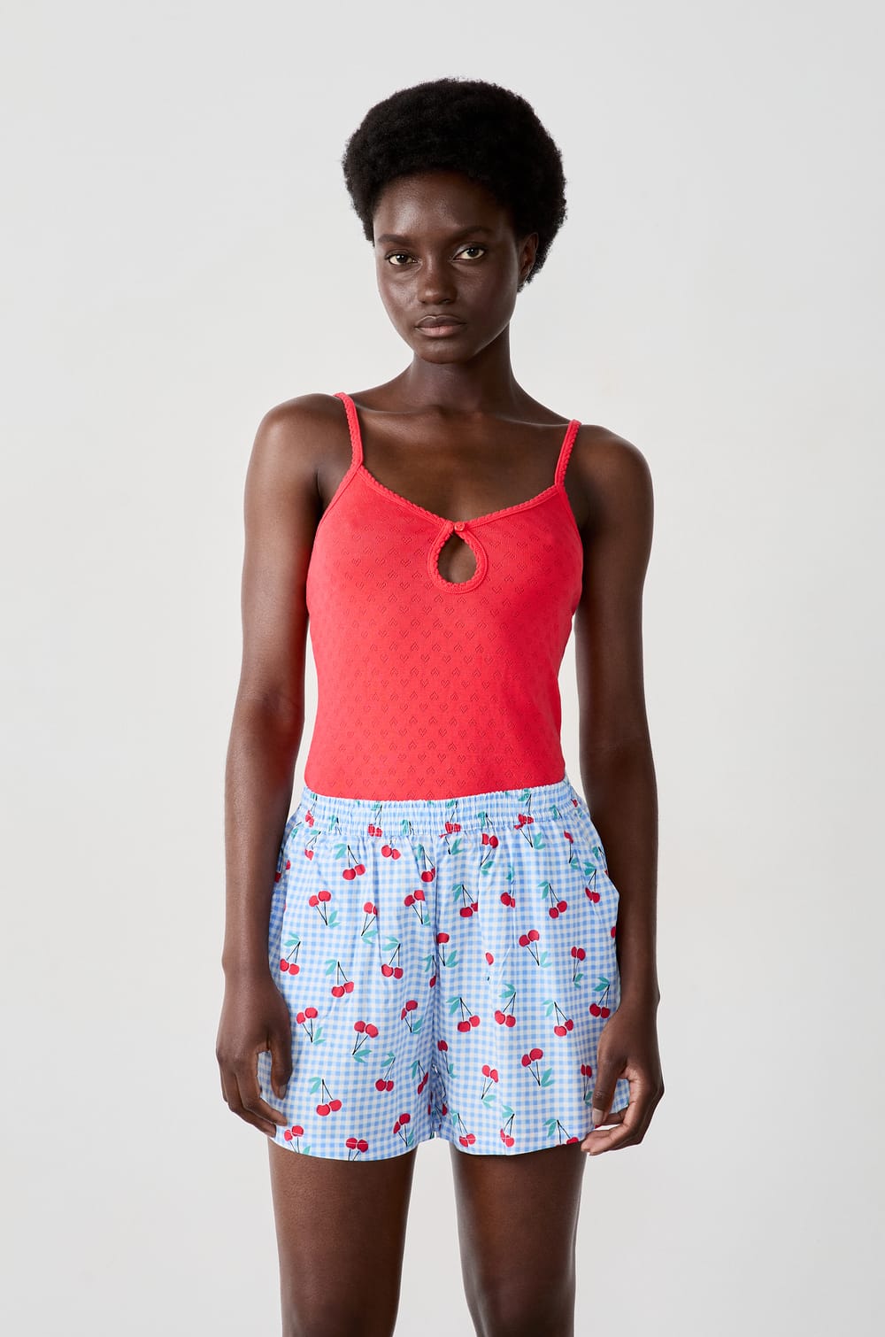 Gingham print shorts with cherries;${refinementColor}
