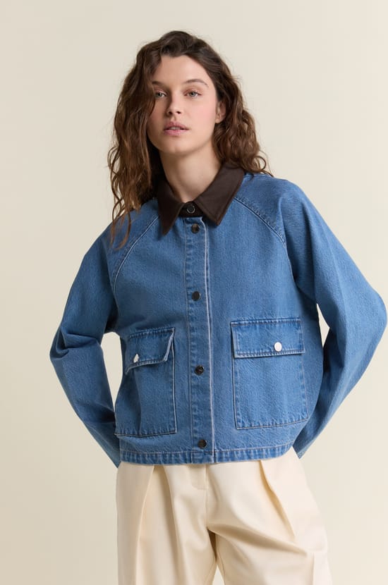 Denim jacket with contrasting collar;${refinementColor}