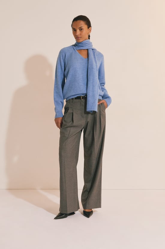 V-neck Sweater with Integrated Scarf;${refinementColor}