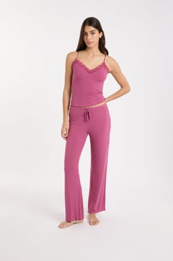 Conjunto de pijama de 2 piezas de punto acanalado con detalles de encaje;${refinementColor}