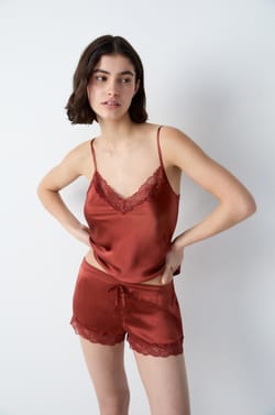 Silk pyjama shorts with lace details;${refinementColor}