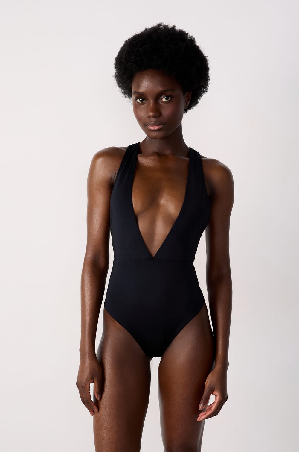 One-piece swimsuit with plunge neckline;${refinementColor}