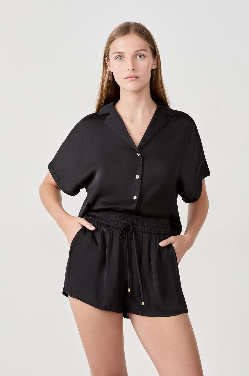 Satin shorts with drawstring;${refinementColor}