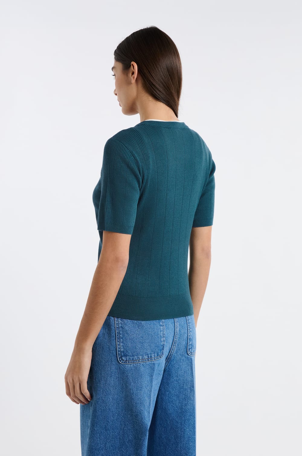 Pull col rond en maille fine pointelle;${refinementColor}