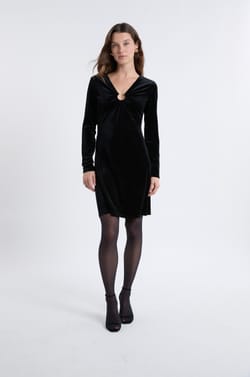 Long-sleeved velvet dress with ring detail;${refinementColor}
