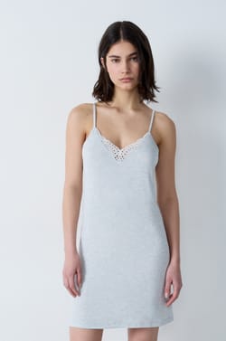 Modal nightdress with lace neckline;${refinementColor}