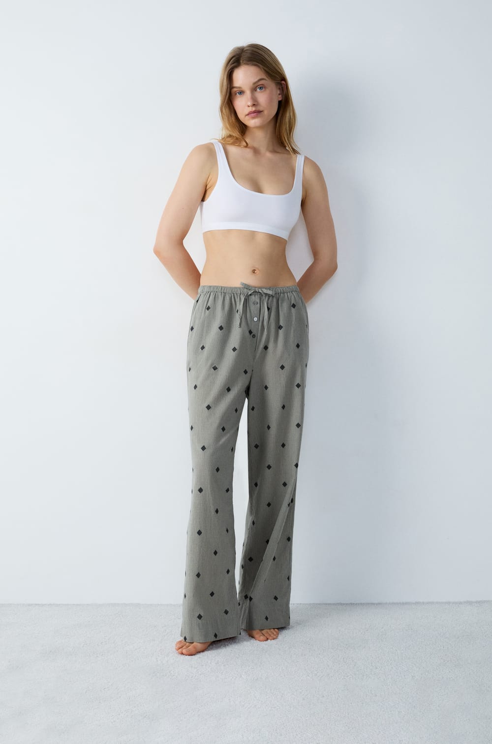 Embroidered striped cotton pyjama trousers;${refinementColor}