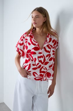 Short-Sleeved Cotton Shirt With Floral Print;${refinementColor}