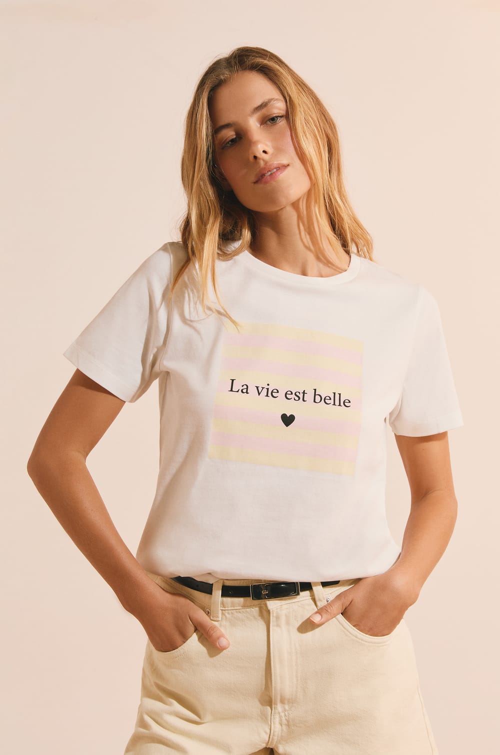 Short-sleeved T-shirt with "life is beautiful" inscription;${refinementColor}