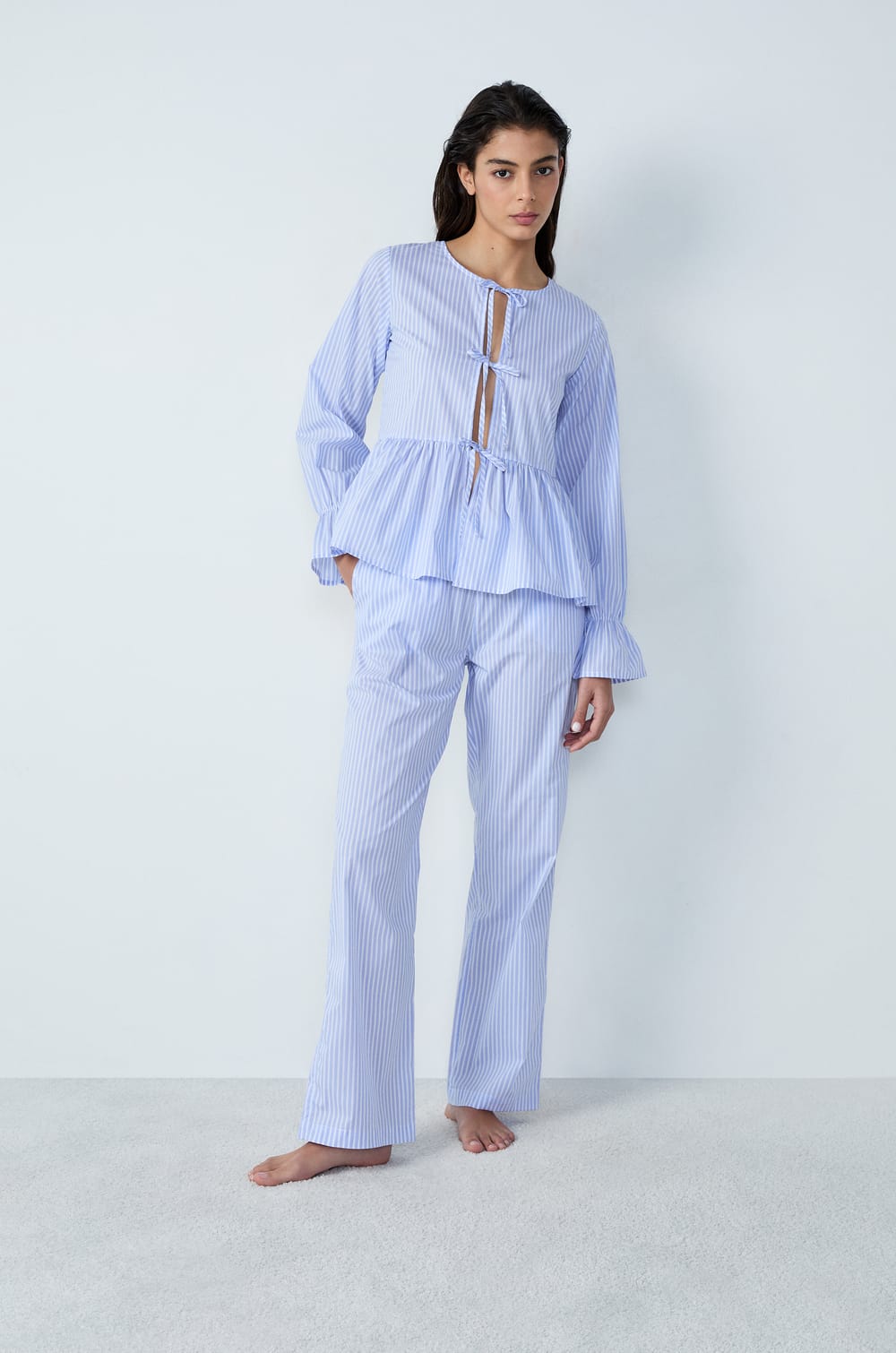 Long-sleeved cotton striped pyjama shirt with bows;${refinementColor}
