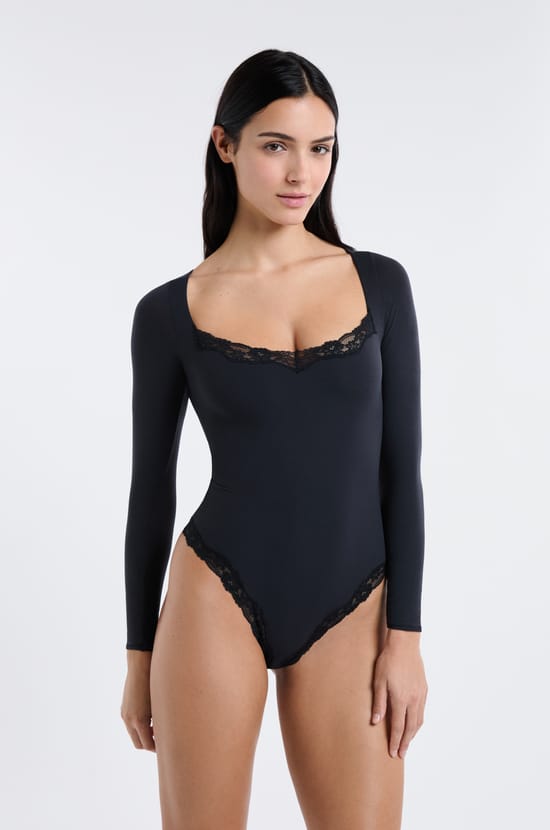 Body manches longues en microfibre et dentelle;${refinementColor}